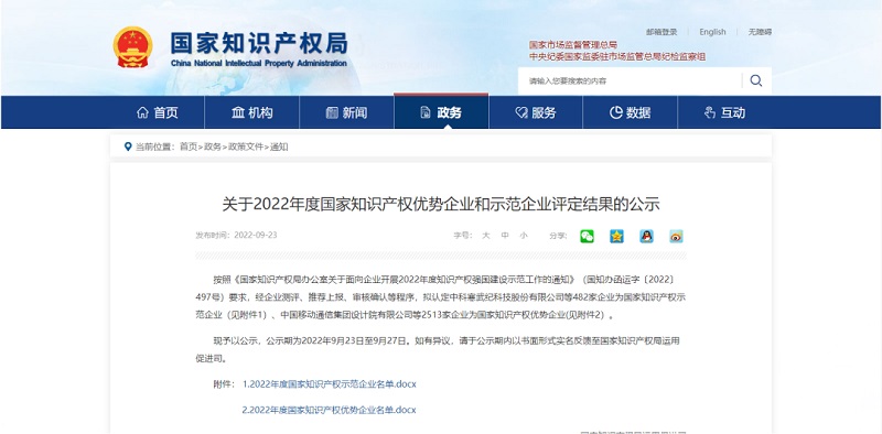 漢威入選“2022年度國(guó)家知識(shí)產(chǎn)權(quán)優(yōu)勢(shì)企業(yè)名單”